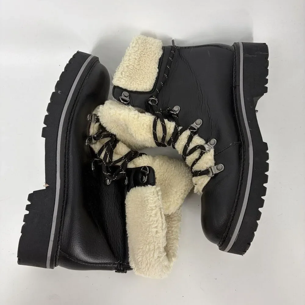 Tommy Hilfiger Boots Size 8 Womens Black Faux Leather Sherpa Lined Lace Up Ron